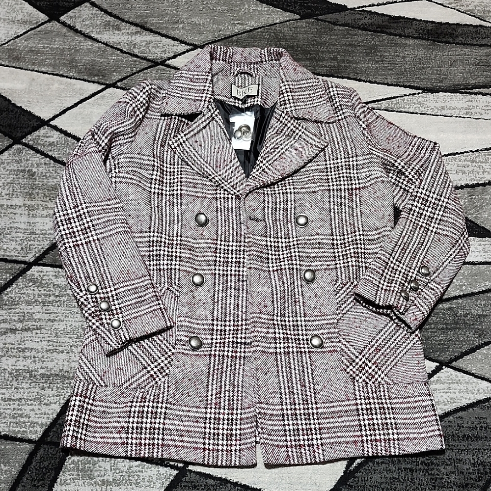BKE WOOL PLAID PATTERNED SILVER BUTTON-DOWN PEA COAT BUCKLE